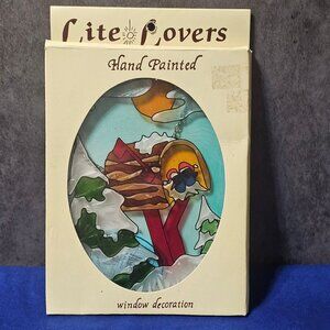 Vintage Oval Stained Glass Winter Scene Christmas Snow Birds Sun Catcher NOS